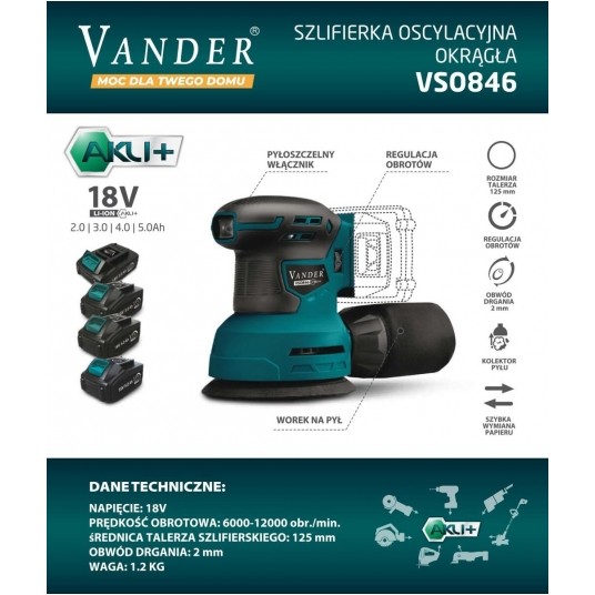 VANDER SZLIFIERKA MIMOŚRODOWA 18V VSO846 /BODY/ -zdjęcie numer 2
