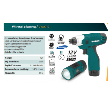 VANDER WKRĘTARKA VWA712 12V 2X2.0Ah + LATARKA LED